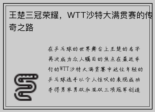 王楚三冠荣耀，WTT沙特大满贯赛的传奇之路